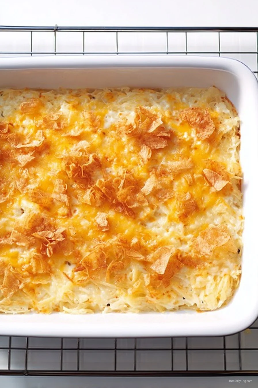 Golden cheesy casserole with crispy topping in a baking dish