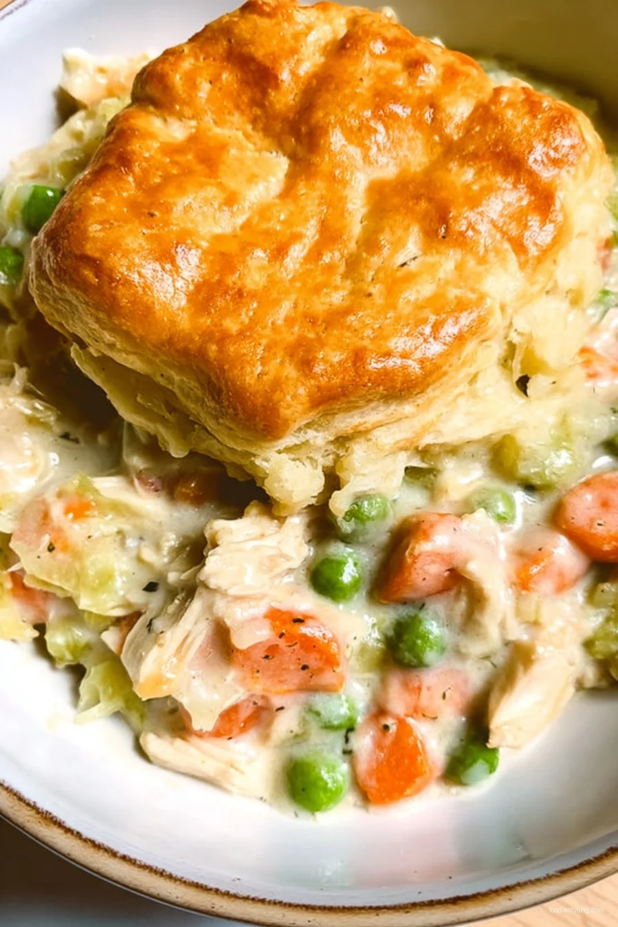 Chicken Pot Pie Casserole bubbling in a casserole dish with golden biscuit topping