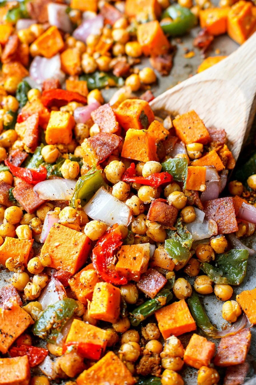 A colorful skillet of Chickpea & Sweet Potato Breakfast Hash, topped with fresh herbs and avocado slices.