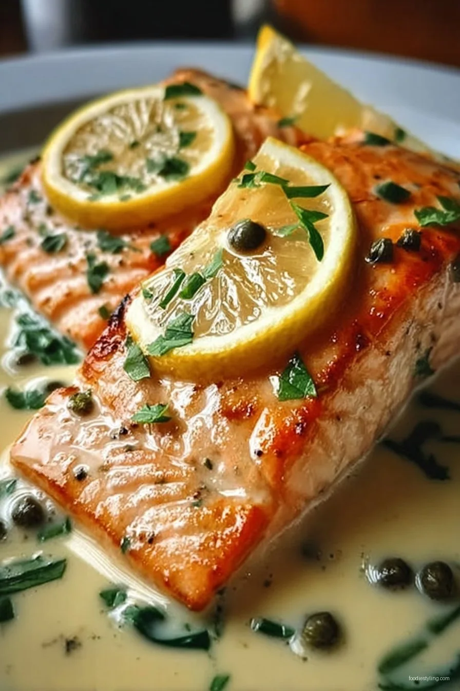 Creamy Lemon Salmon Piccata in skillet with caper sauce