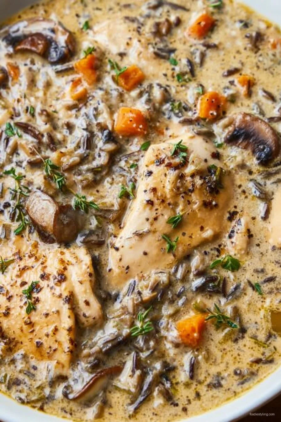 Creamy Mushroom Chicken and Wild Rice Soup in a white bowl, garnished with fresh parsley