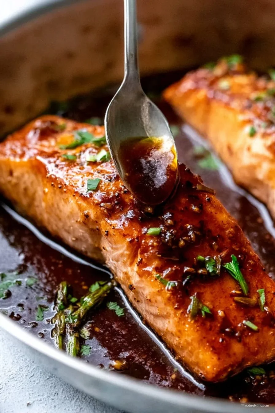 Golden-glazed salmon fillets glistening with sticky honey garlic sauce, garnished with green onions