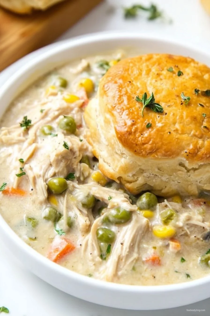 Creamy Crock Pot Pot Pie Chicken bursting with tender chicken, vegetables, and golden biscuits