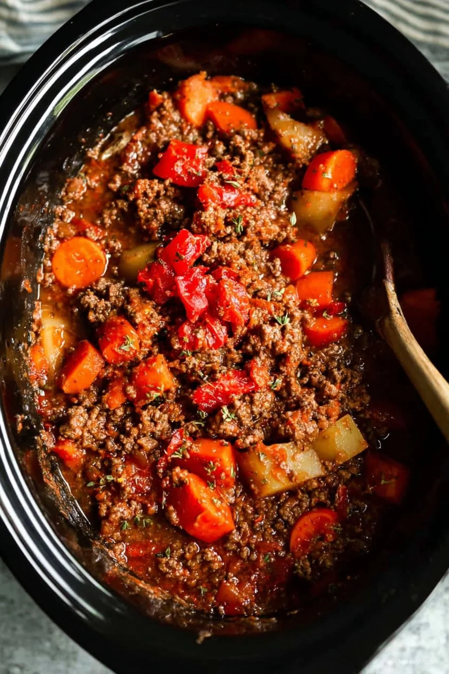 Hearty Crockpot Ground Beef Stew filled with potatoes, carrots, and peas.