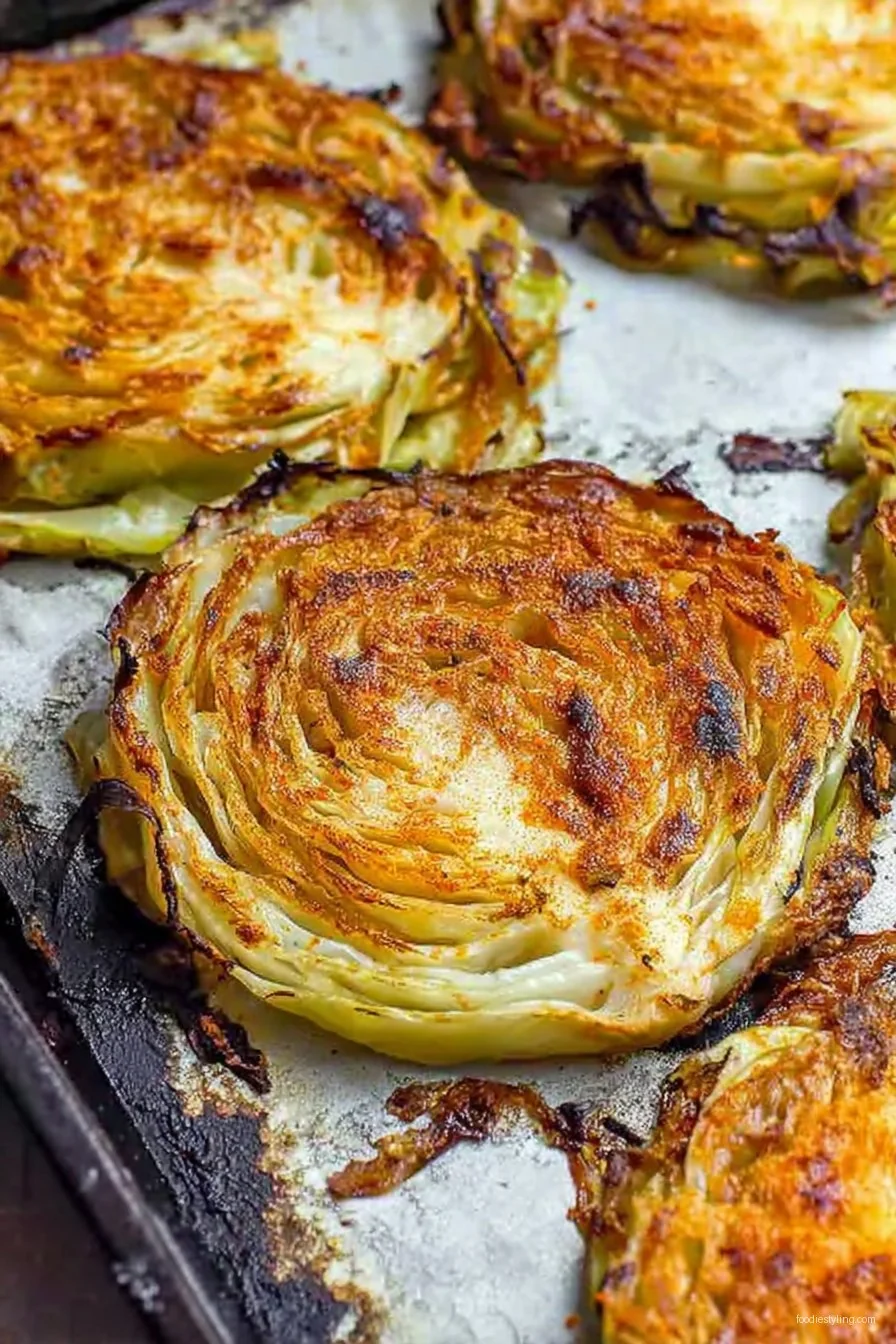 Easy Baked Cabbage Steaks plated with fresh herbs and lemon slices
