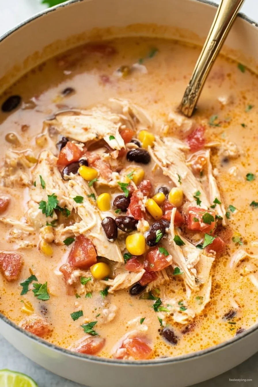 Loaded bowl of hearty chicken taco soup topped with avocado, cheese, and tortilla strips
