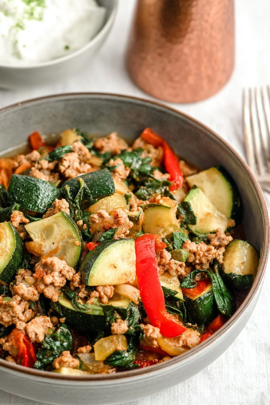 A vibrant skillet of ground turkey, zucchini, and colorful veggies ready to serve.