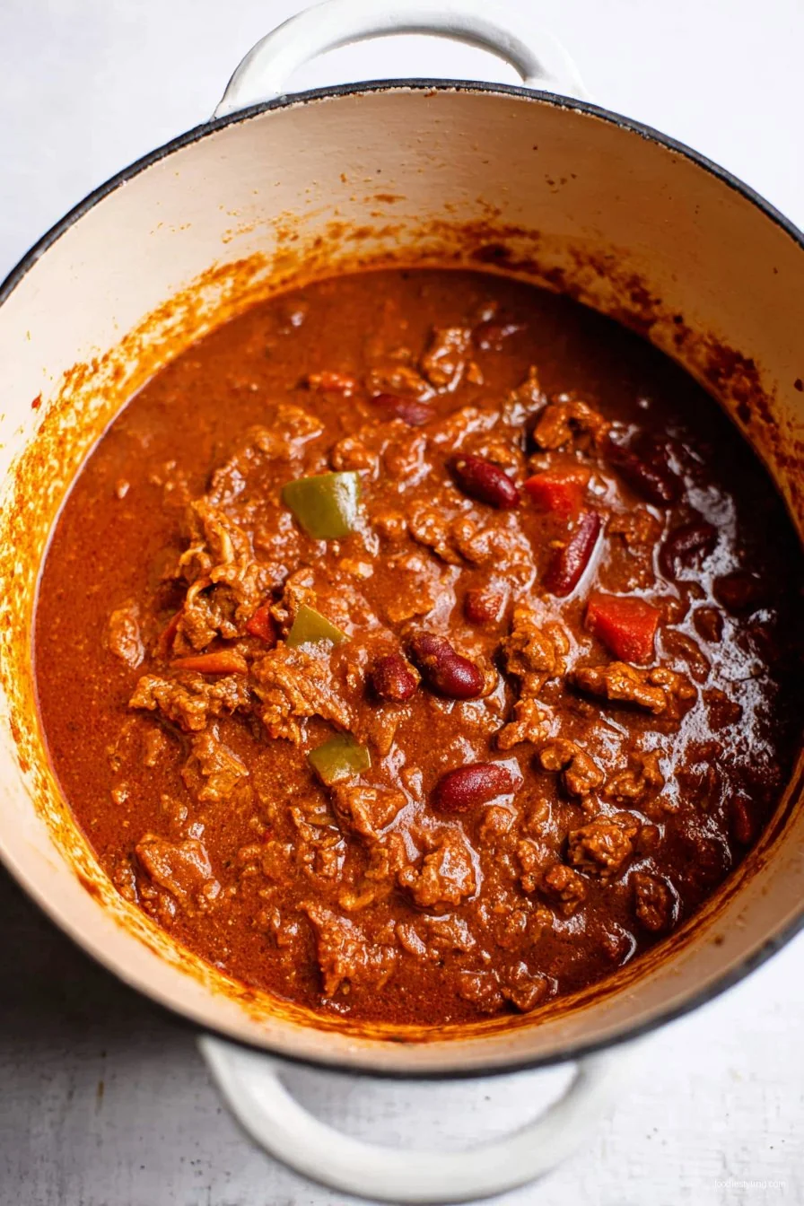 A cozy bowl of chunky beef chilli piled high with toppings