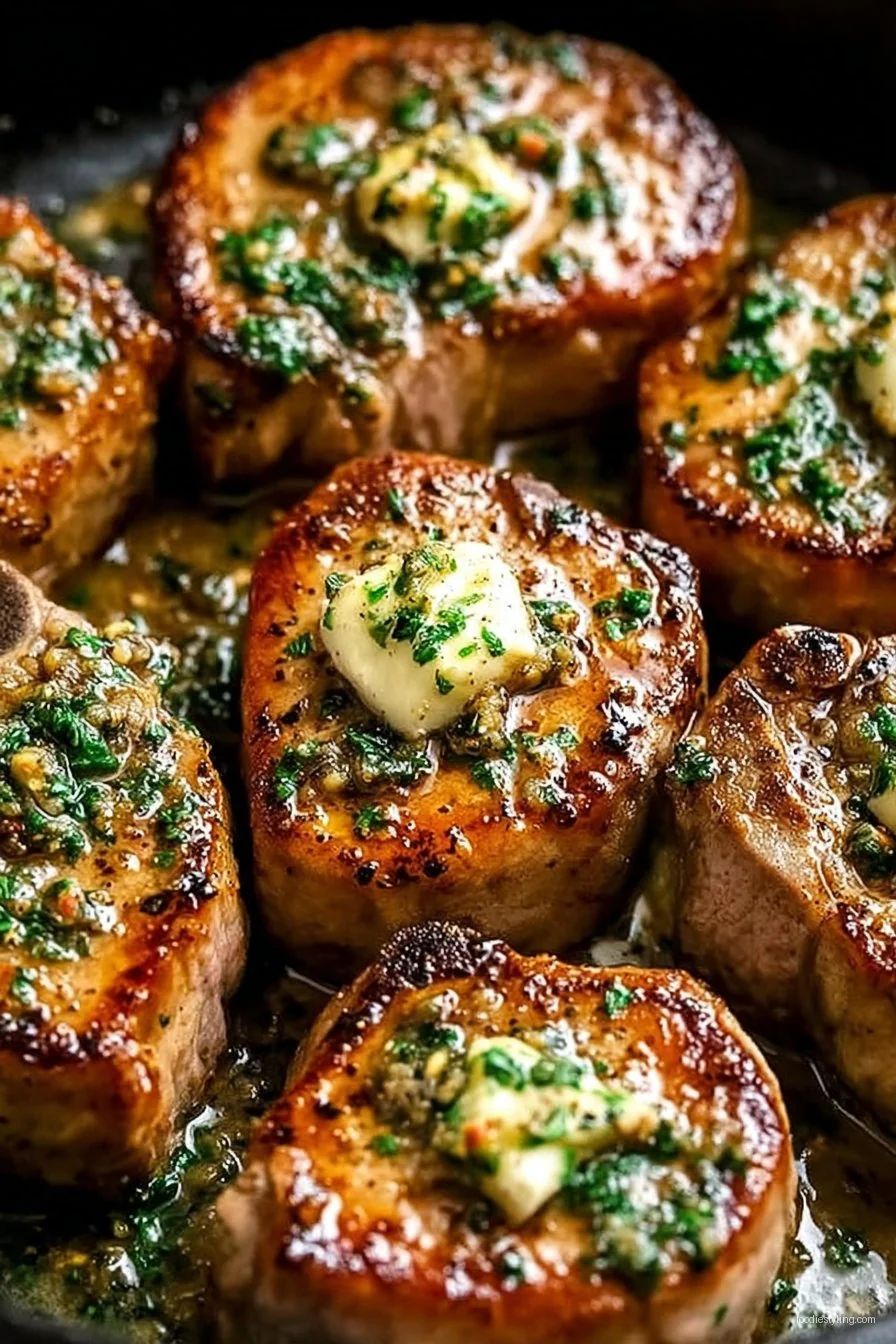 A plate of golden-brown garlic butter pan seared pork chops garnished with fresh herbs