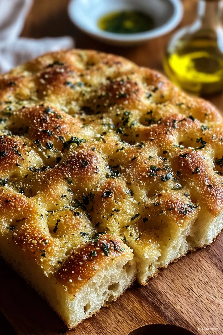 Golden garlic focaccia with parmesan and herbs on a wooden board