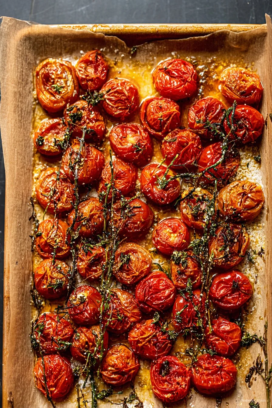 A tray of freshly roasted tomatoes garnished with herbs