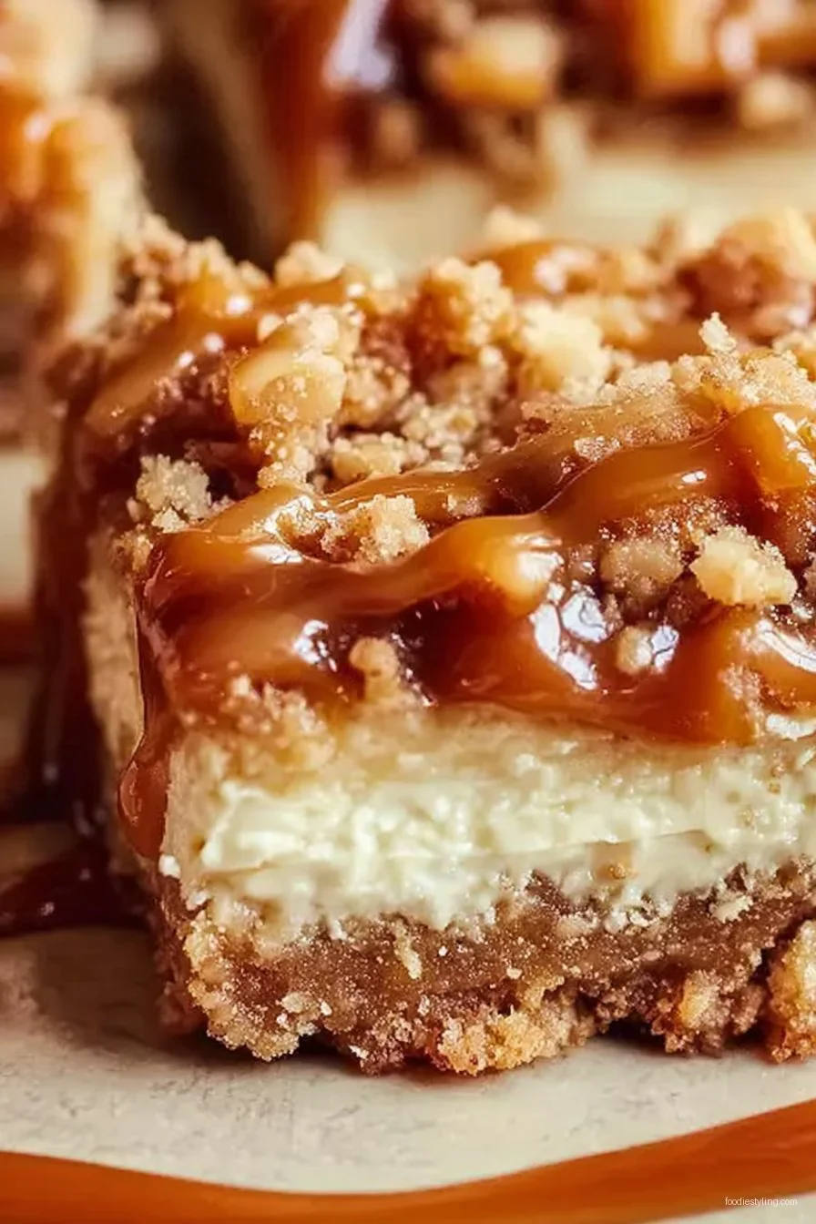 Salted Caramel Apple Bars on a white plate, drizzled with caramel sauce