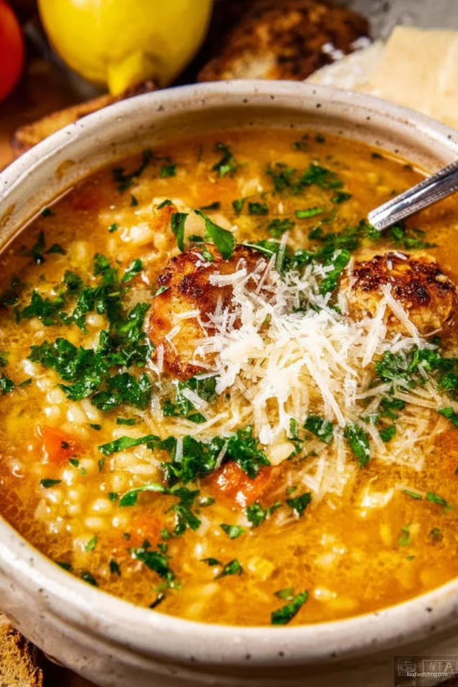 Bowl of Italian Penicillin Soup with chicken, orzo, lemon, fresh herbs