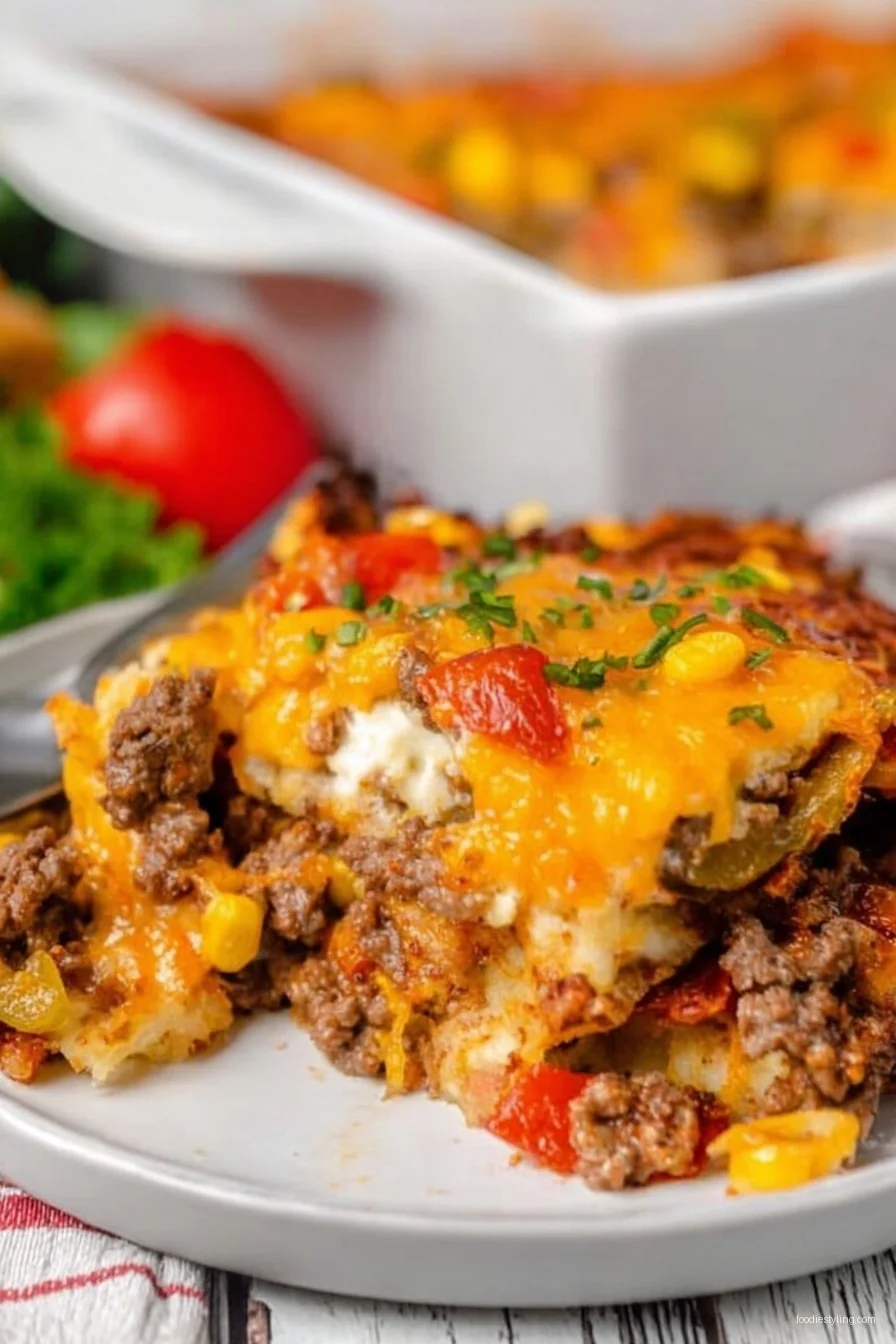 A slice of gooey, golden John Wayne Casserole on a plate, garnished with fresh green onions