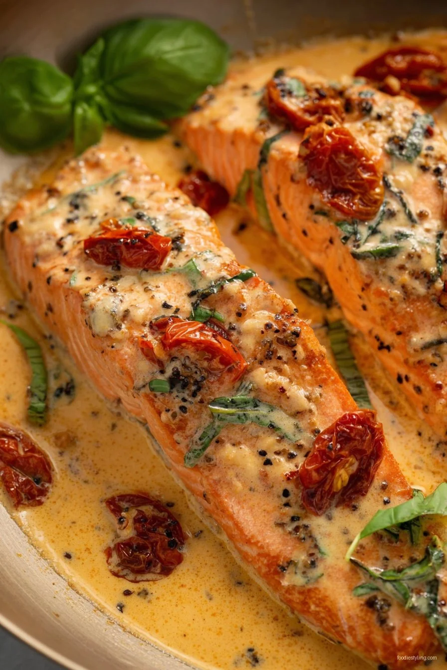 A luscious Marry Me Salmon fillet swimming in creamy sun-dried tomato sauce.