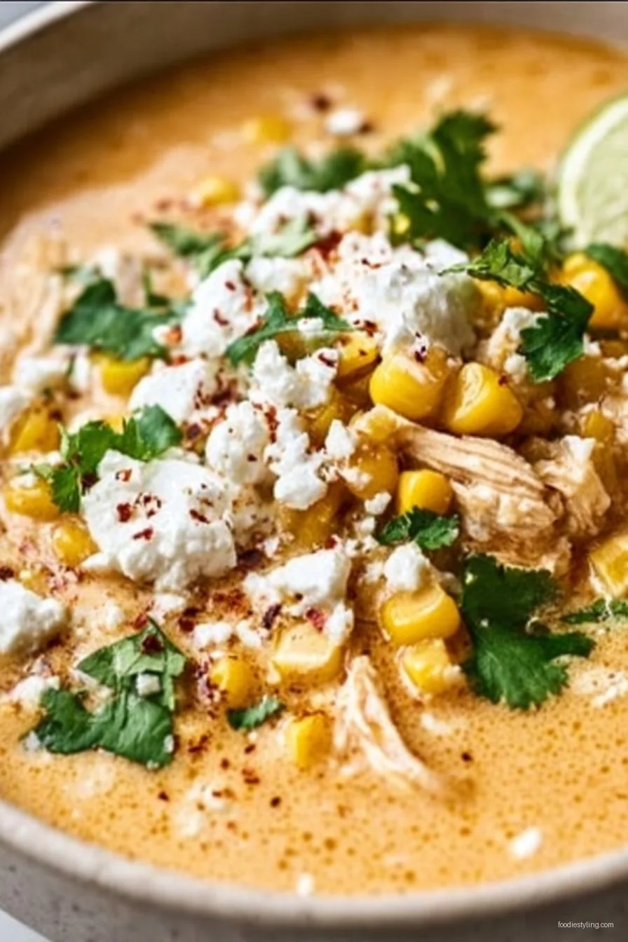 Creamy bowl of Mexican Street Corn Soup topped with cotija and cilantro