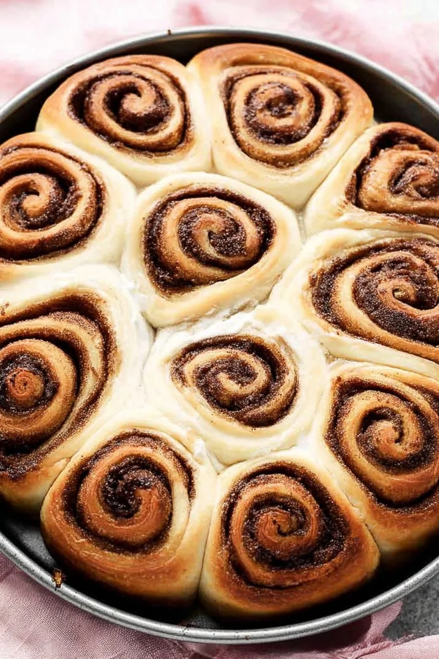 Freshly baked cinnamon rolls topped with creamy glaze