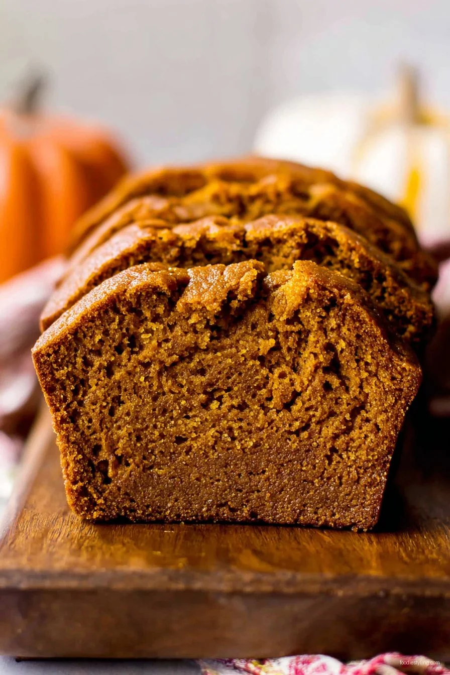 A golden loaf of moist pumpkin bread sliced on a wooden board