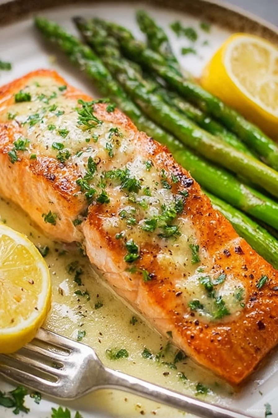 Salmon with Garlic Lemon Butter Sauce in a skillet, topped with parsley