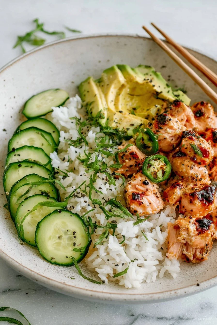 A vibrant spicy salmon bowl garnished with fresh herbs and lime.