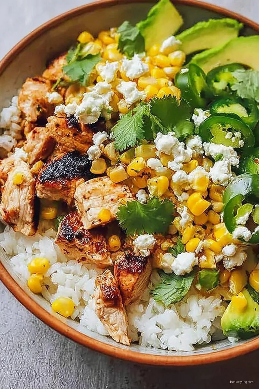 Street Corn Chicken Bowl with lime wedges and cilantro