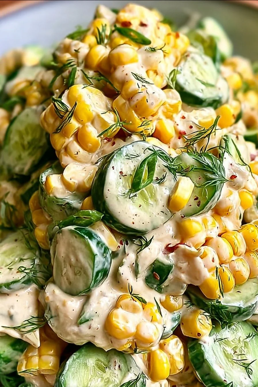 Creamy cucumber and street corn salad garnished with cilantro and lime