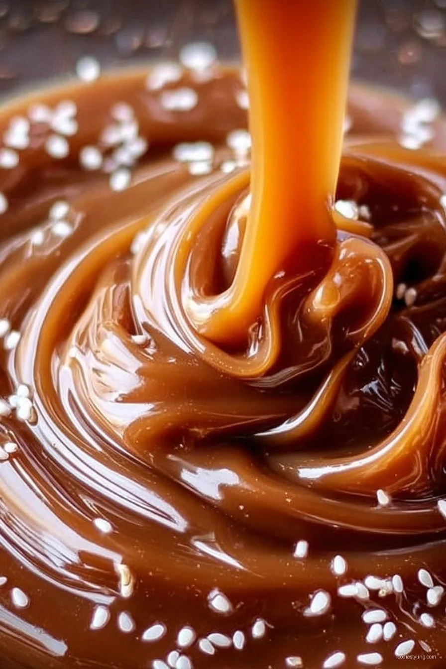 A jar of luscious homemade caramel sauce, glistening and golden, with a spoonful dripping over the side.
