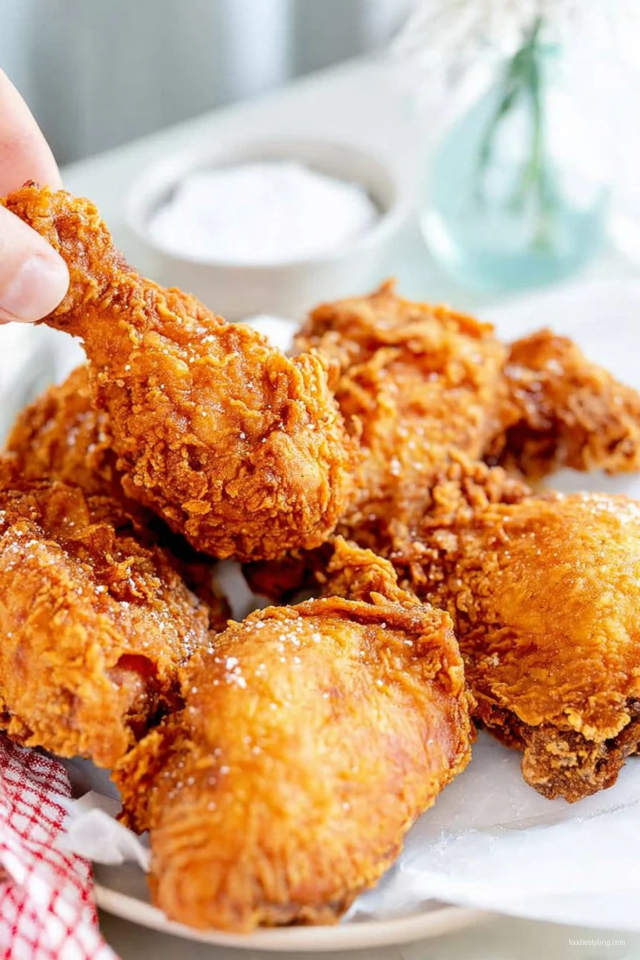 Mouthwatering hot fried chicken on a rustic platter with pickles and parsley