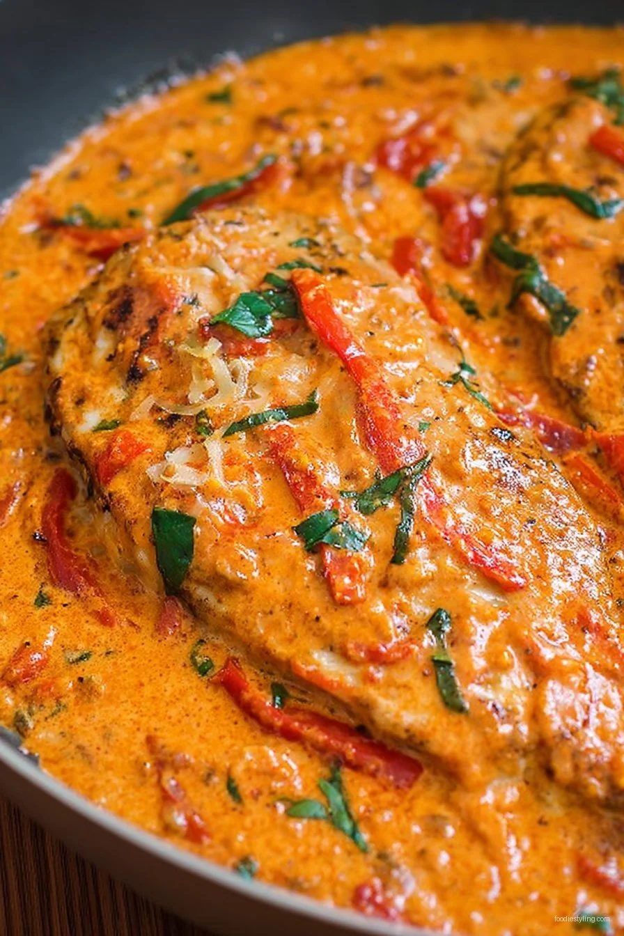 Golden tilapia fillets swimming in a luscious roasted pepper sauce with fresh herbs