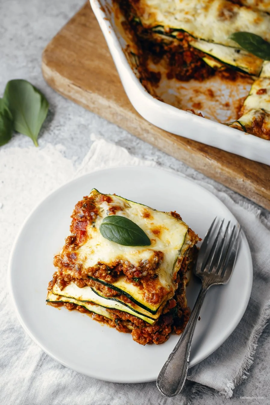 Zucchini Lasagna closeup with golden cheese