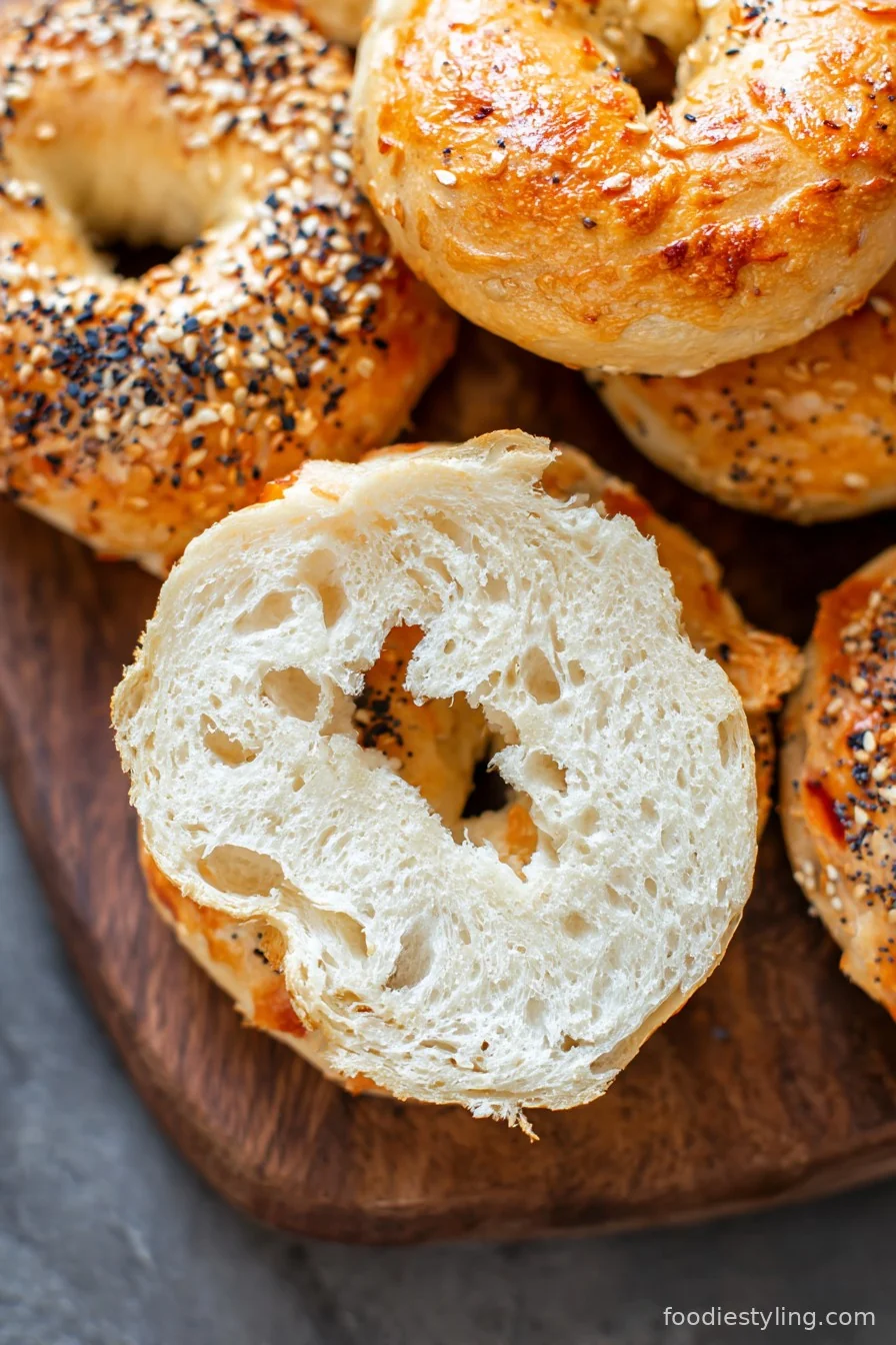 Air Fryer Bagels fresh and golden brown on a wooden board