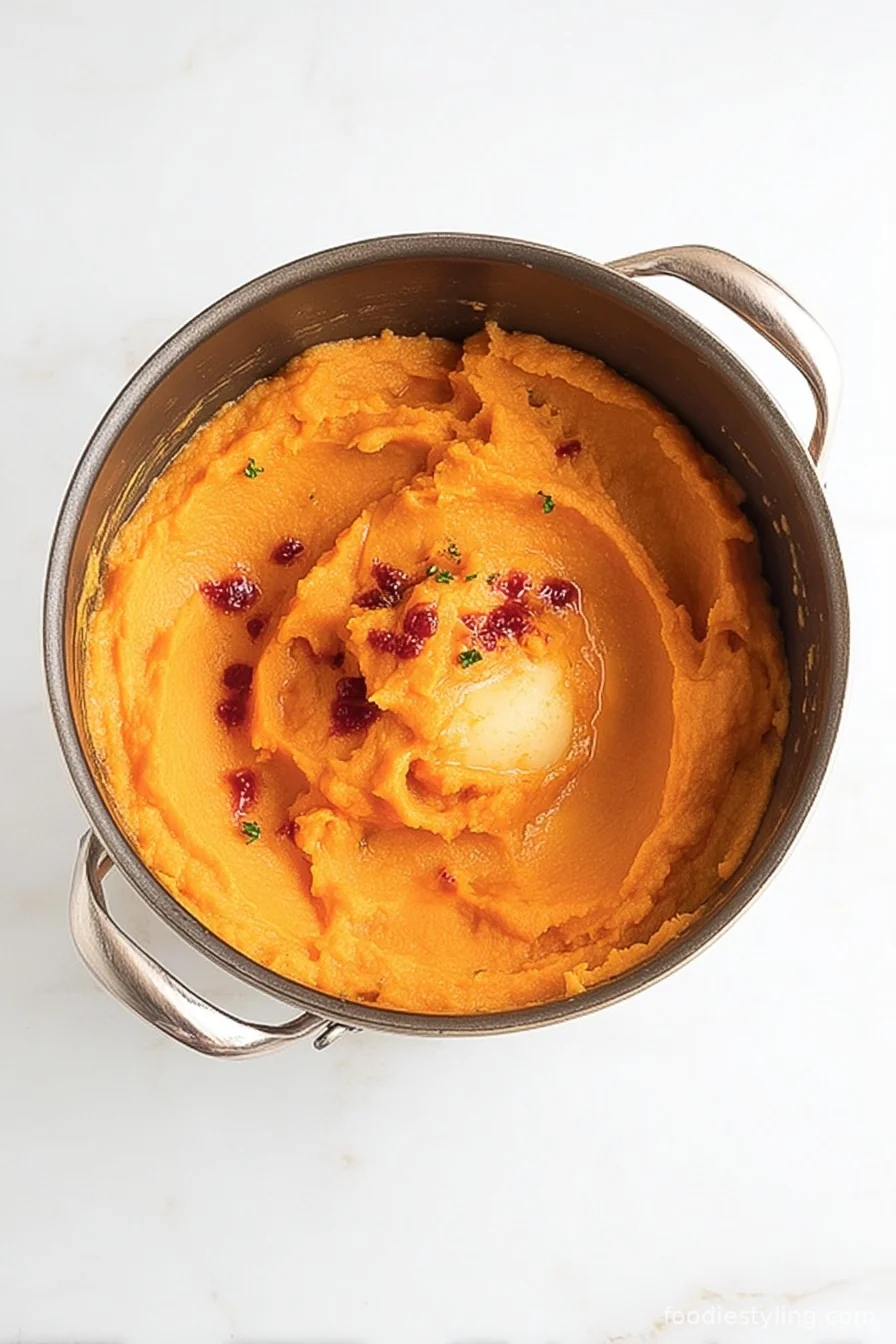 Chipotle Mashed Sweet Potatoes topped with fresh herbs and chipotle flakes