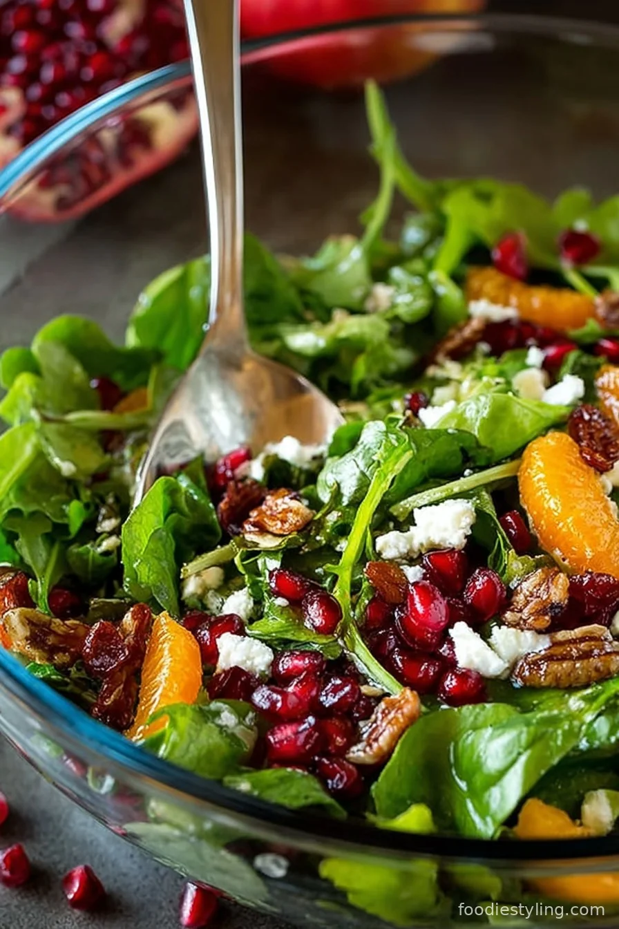 Festive Christmas Salad featuring greens, pomegranate, and pecans