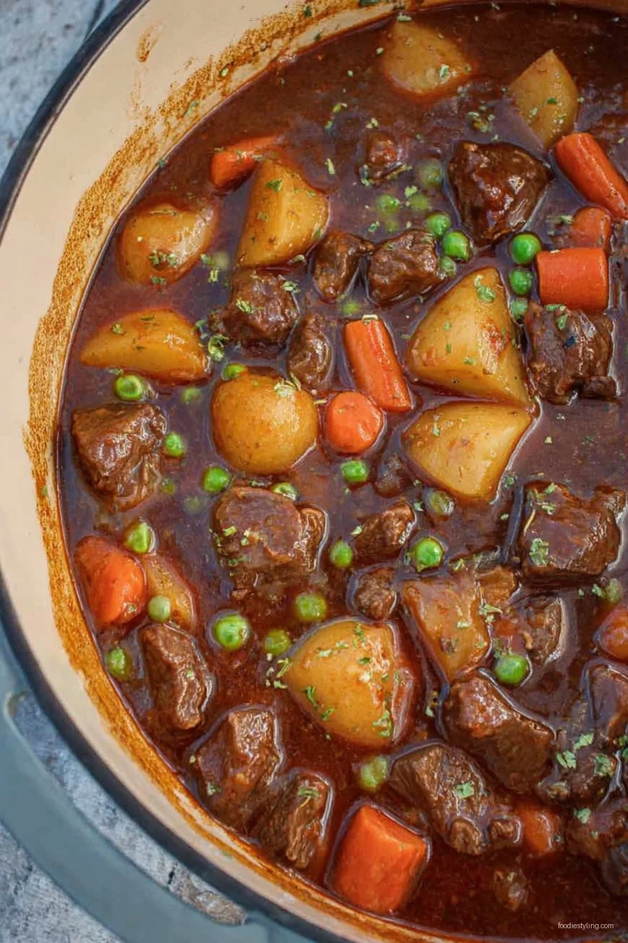 Deep brown beef stew with vegetables in a heavy pot