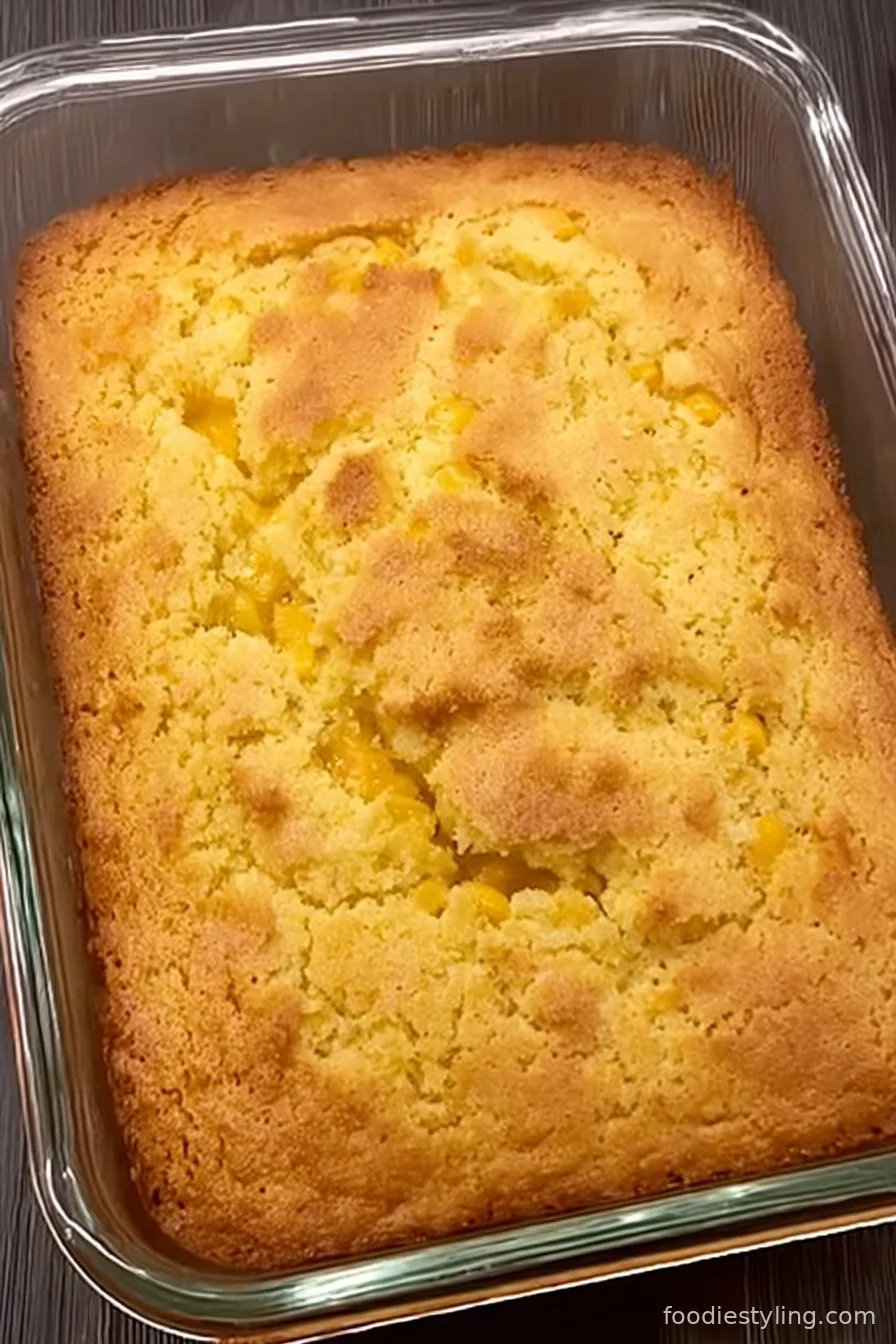 Golden, cheesy cornbread casserole covered with melty cheese and fresh herbs