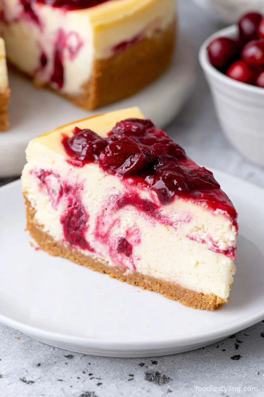 Luscious cranberry cheesecake with ruby red swirl