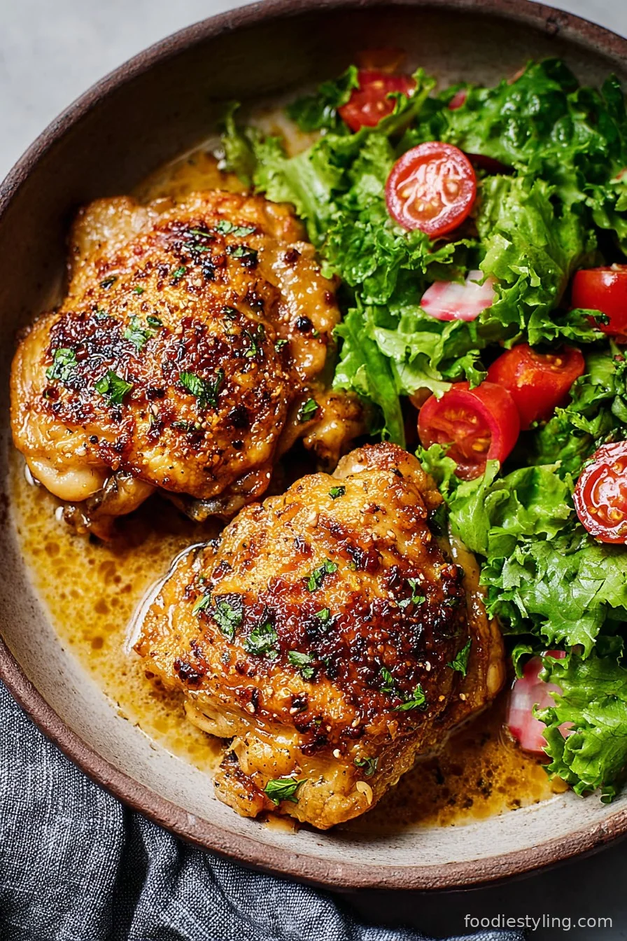 Golden, crispy chicken thighs in a cast iron skillet