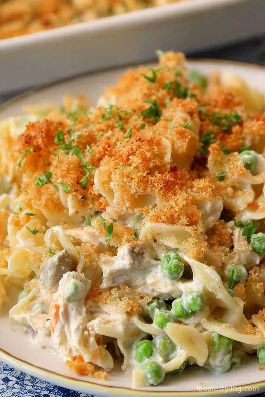 Baked tuna casserole with golden crust and creamy interior