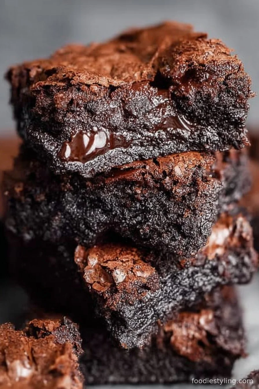 A stack of fudgy cocoa brownies with a glossy, crinkled top and ooey gooey center.