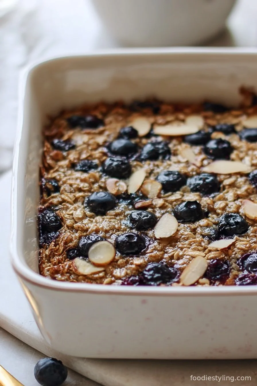 Cozy serving of golden Healthy Blueberry Baked Oatmeal topped with fresh berries and a drizzle of maple syrup