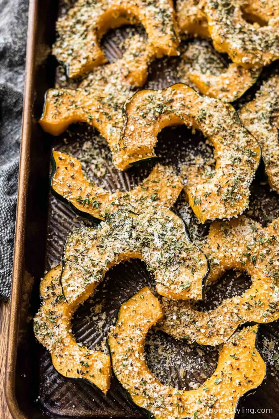 Golden wedges of herb-roasted acorn squash arranged on a rustic plate, sprinkled with fresh herbs