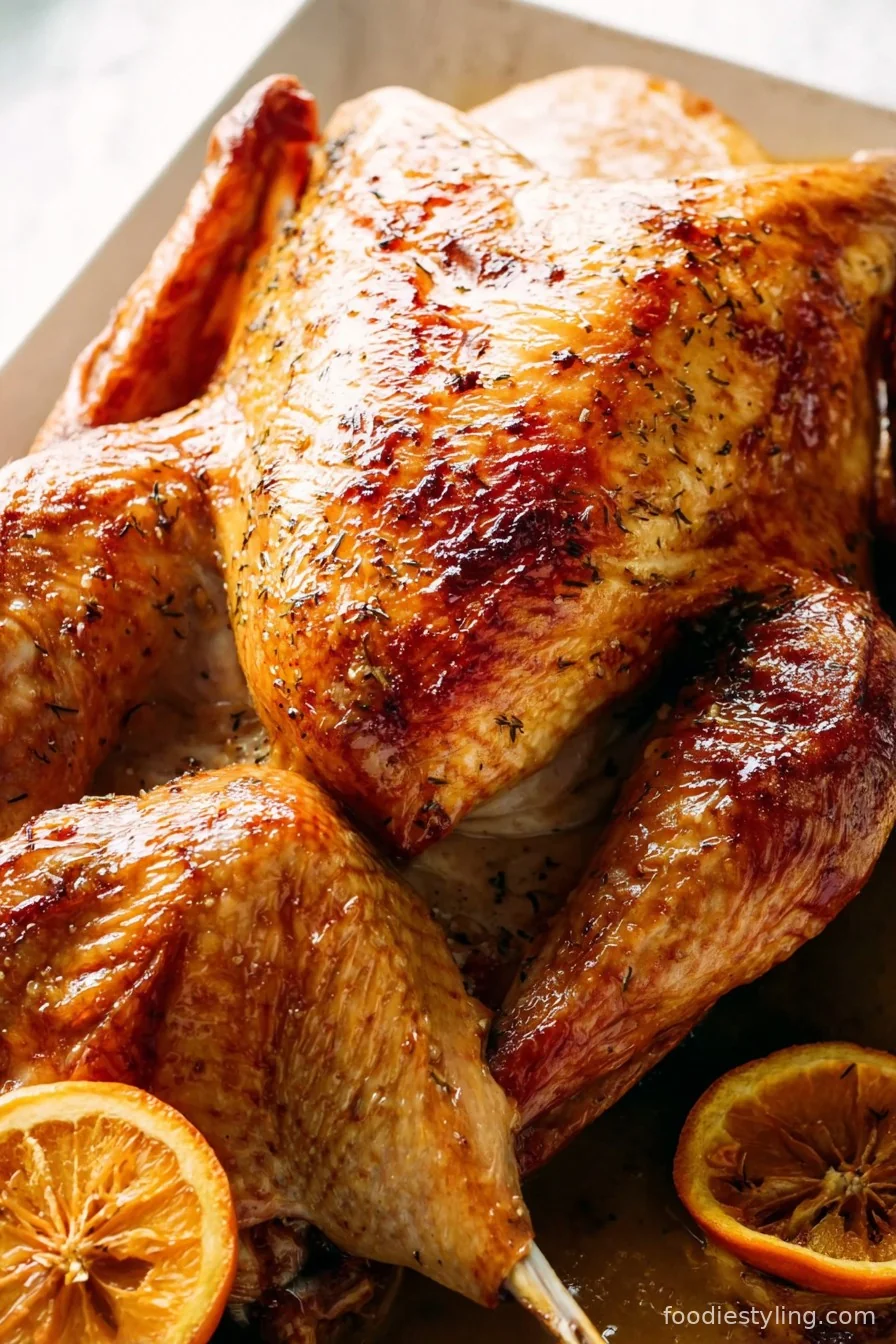 Golden, juicy turkey with glossy maple orange glaze and fresh herbs