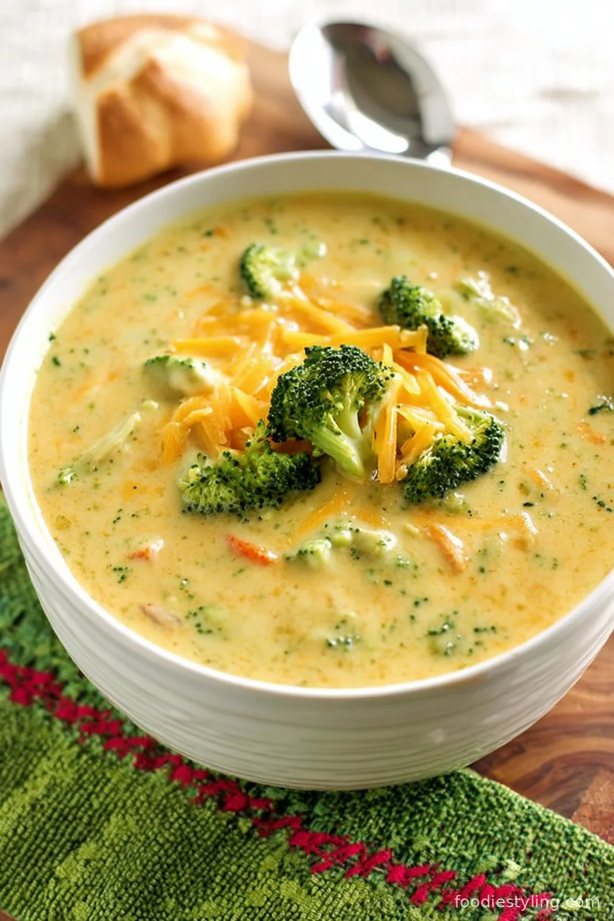 A warm bowl of creamy Panera's Broccoli Cheddar Soup garnished with fresh broccoli and shredded cheddar