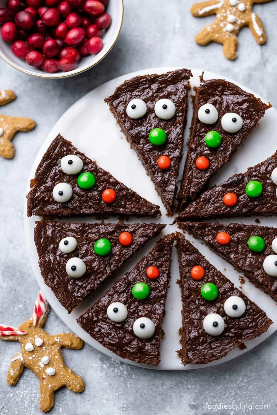 Reindeer Brownies decorated with candy faces and pretzel antlers