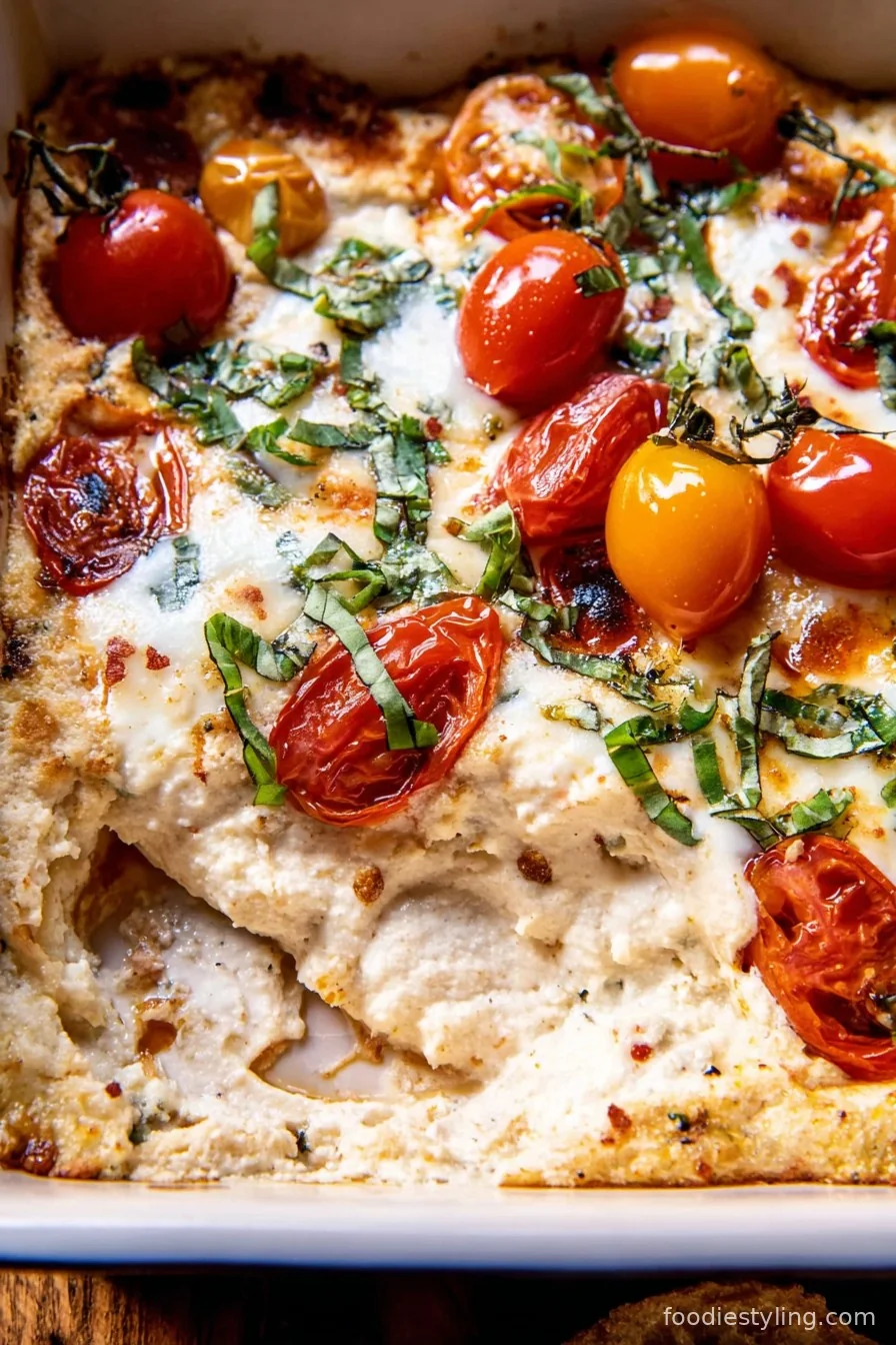 A hot, bubbling Roasted Garlic Caprese Dip with golden cheese and tomatoes