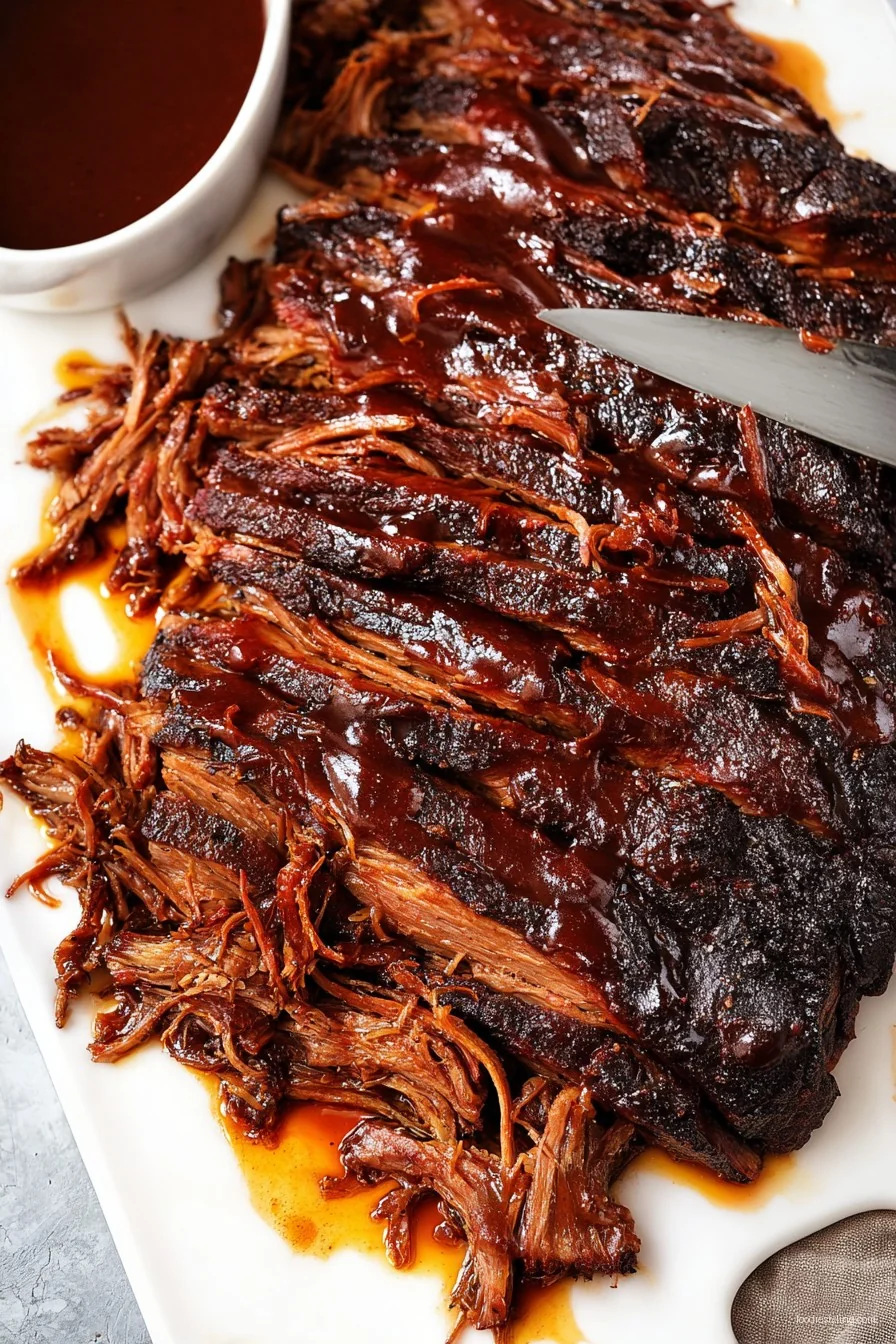 Slow Cooker BBQ Beef Brisket, tender and saucy, shredded on a serving platter.