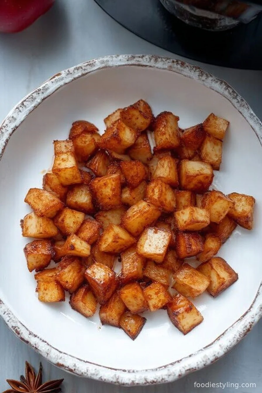 Warm, cinnamon-spiced apple slices in a bowl, air-fried to perfection