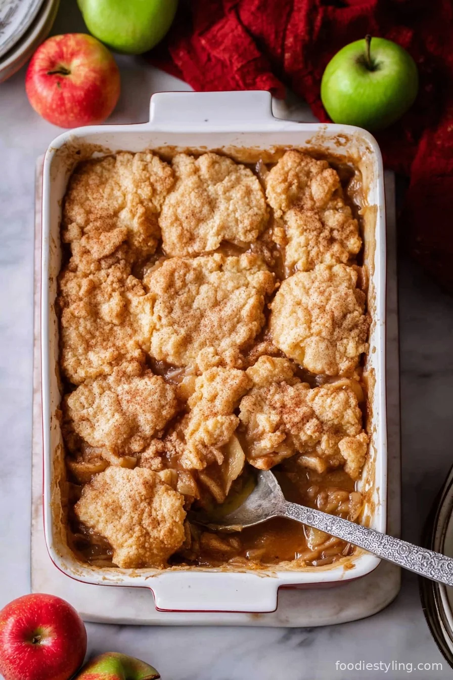 Freshly baked apple cobbler with golden biscuit topping and vanilla ice cream.