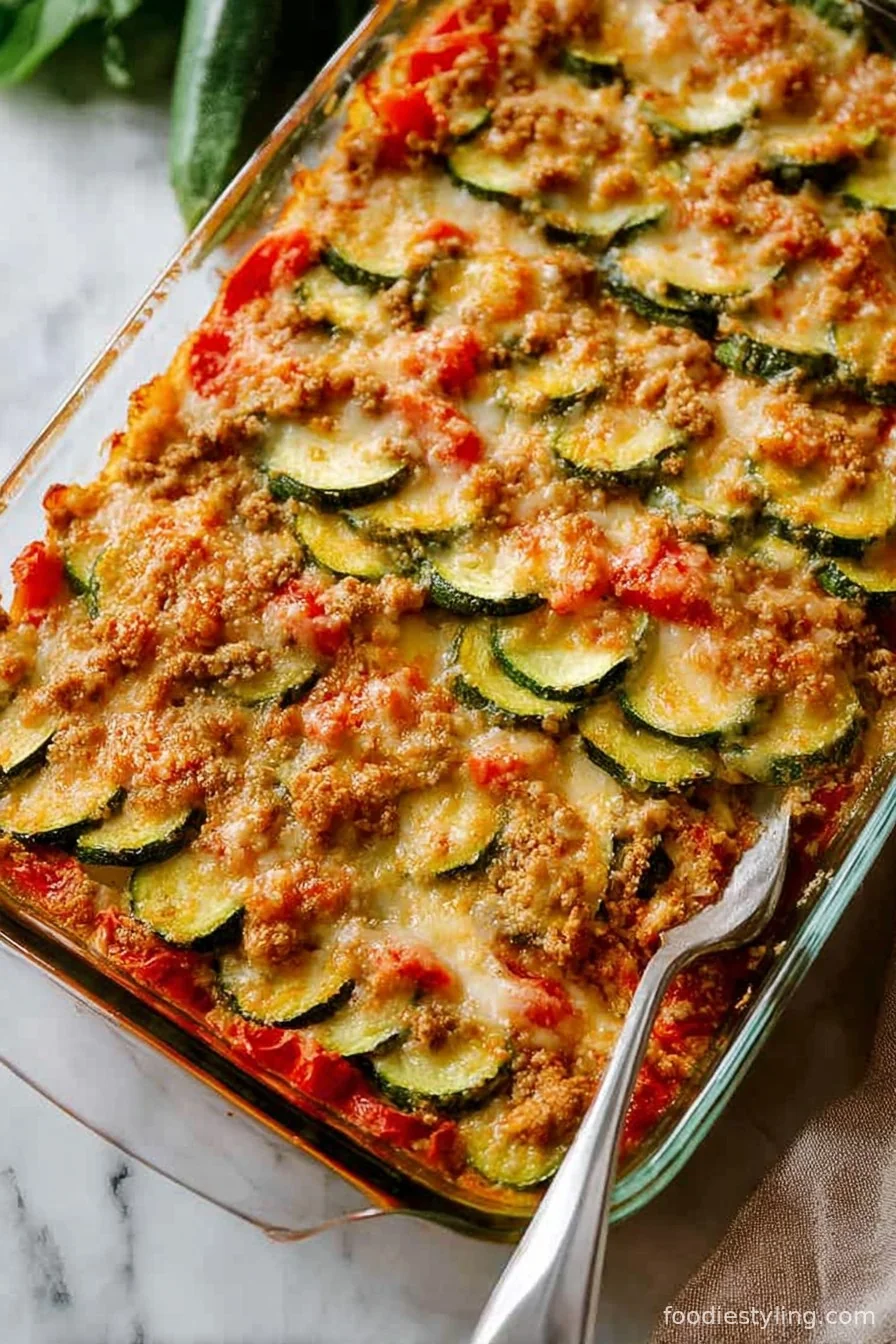 Cheesy Baked Zucchini Casserole With Ground Turkey fresh out of the oven