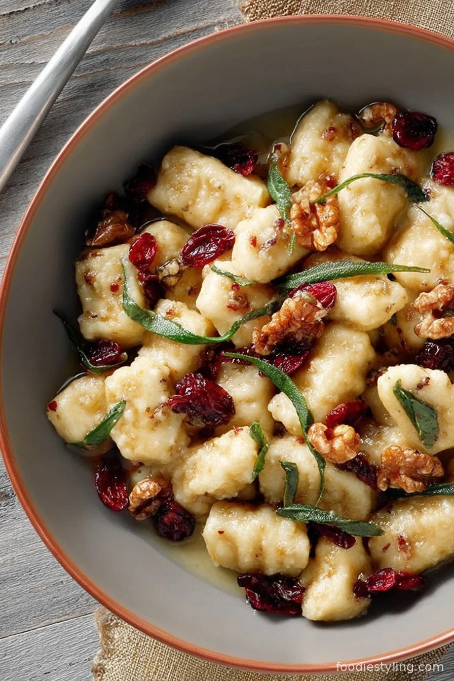 Cranberry Ricotta Gnocchi on a plate with sage brown butter